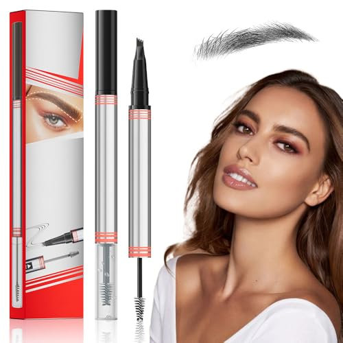 2In1 Augenbrauenstift mit Gel, 2025 Neu Microblading Augenbrauenstift, 2-in-1 Brow Pen and Sealing Brow Gel Wasserfester Magischer Eyebrow Pencil mit 4 Gabelspitzen (04#Schwarz)