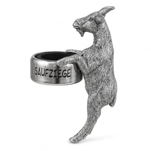 ReWu Flaschenring Saufziege Silber – dekorativer Flaschenaufsatz mit Ziegenfigur, Weinring & Tropfring für Wein und Spirituosen, Geschenkidee für Weinliebhaber, 7,5 x 4,5 x 10 cm