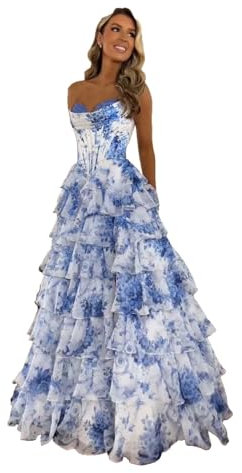 Generico Abiti da Ballo Senza Spalline con Corsetto per Le Donne Lunghi Abiti da Ballo in Chiffon A Strati Abiti da Sera Formali con Spacco Blue White M