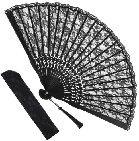 Grevosea Folding Hand Fan, Black Lace Vintage Retro Fabric Fans Hand Held Chines/Spanish Foldable Fan for Men/Women Wedding Party Favor Performance Dance Home Decorations Festival Gift(Black)