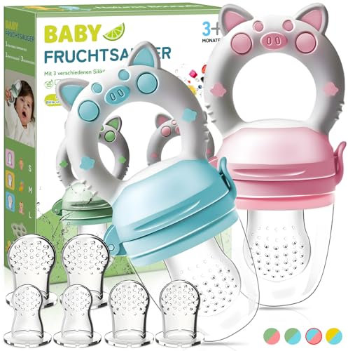 Fruchtsauger Baby ab 3 Monate- 2 Stück Zahnungshilfe + 6 Ersatz-Sauger in 3 Größen, Hygienischem Silikon, Sicher & BPA-frei, Beikost Baby Zubehör Sachen für Obst, Gemüse, Brei Beikost