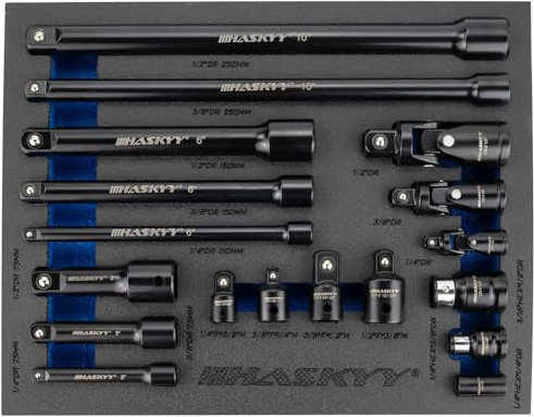 HASKYY Juego de llaves de vaso de 1/4, 3/8 y 1/2 pulgadas, carraca, alargador de carraca, adaptador de cardán, soporte de puntas, juego de piezas de conexión para automoción e industria, color negro