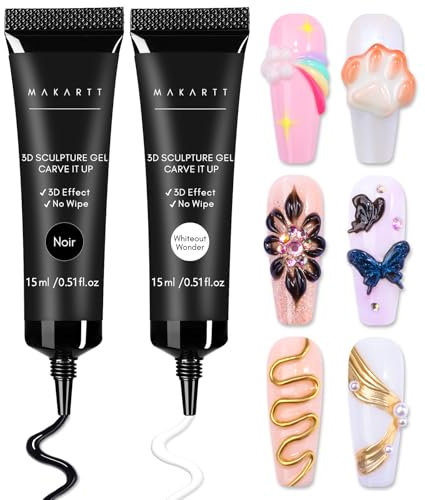 Makartt 3D Nail Gel for Nail Art - 2Psc 3D Sculpture Carving Gels for Nail Art Design, No Wipe 3D Gel for Charms,DIY Painting & Nail Decoration Manicure,UV/LED Lamp Required(White&Black)