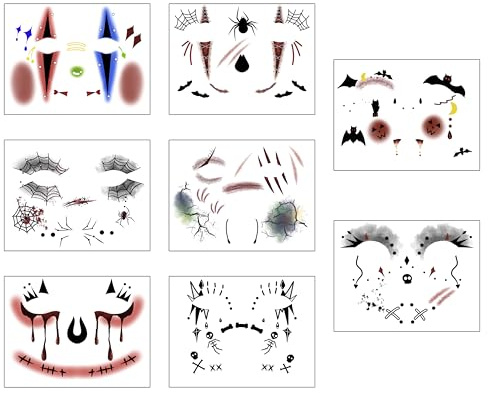 Halloween Prank Make-up temporäres Tattoo,8 Blätter Halloween Gesicht Tattoos gefälschte Narben Aufkleber für Erwachsene,Wasserdichte Halloween Mund Tattoos Aufkleber Horror Clown Wunde