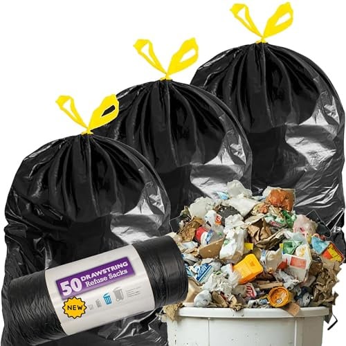 Drawstring Refuse Bags 120L Bin Liners Easy Tie Top Handle For Dustbin Home, Kitchen, Office & Garden (150 Drawstring Bags (3 Rolls of 50))