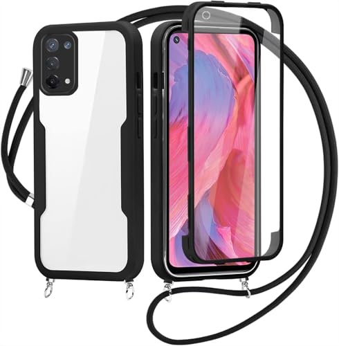 Handykette für Oppo A74 5G/A93 5G/Oppo A54 5G Hülle mit Band,Transparent 360 Grad Rundumschutz Schutzhülle mit Integriertem Displayschutz Stoßfest Ultradünn Silikon Handyhülle für Oppo A74 5G,Schwarz