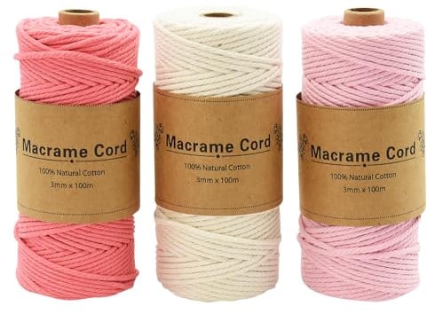 Hyacinthy Makramee Garn3mm -3mm x 100M 3 Stück Makramee Garn Set, Makrame Baumwollgarn für Anfänger, Weihnachten Basteln Stricken Boho Deko DIY Hängepflanze Pflanze Aufhänger