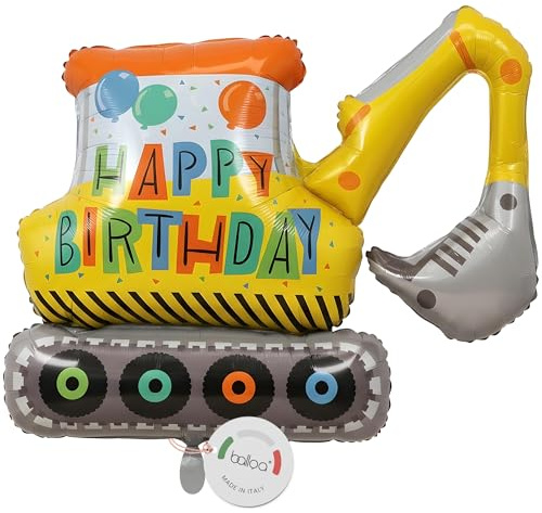 balloa Folienballon Happy Birthday Bagger, XXL Kindergeburtstag, 77 cm | Bagger-Design mit Happy Birthday Aufdruck, XXL, heliumgeeignet, ungefüllt, Deko für Baustellen Party und Kindergeburtstag