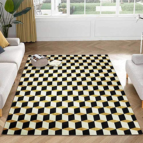 Chanxiang666 Design Teppich rutschfest waschbarer 140x200cm luxuriöses dreidimensionales Gold-schwarzes Quadrat Groß für Wohnzimmer, Schlafzimmer, Kinderzimme