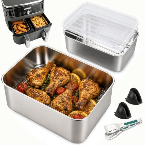 YQL Extra Depth Air Fryer Trays, Air Fryer Accessories for Ninja Dual 9.5L | 304 Stainless Steel, Dishwasher-Safe Pans & Racks, Fits Ninja AF400UKCP/DZ400UKSTGD/SL400UKCP/AF500UKCP/COSORI Dual 8.5L