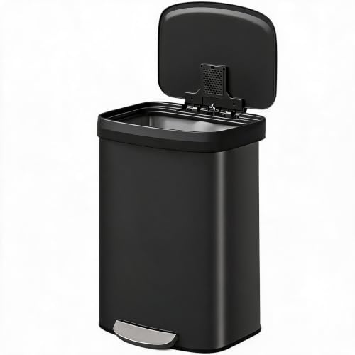 Bacs à Ordures de Cuisine, Grande Poubelle en Acier Inoxydable de 60L | Avec Couvercle en à Fermeture Douce, Bord de Doublure et Poignée Arrière, Poubelle à Pédale pour le Bureau à Domicile,Noir