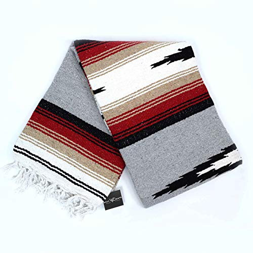 Open Road Goods Mexikanische Yoga-Decke, dicke graue Diamantdecke mit Kamel, Hellbraun und Rostorange-roten Tonstreifen, Heather Grey
