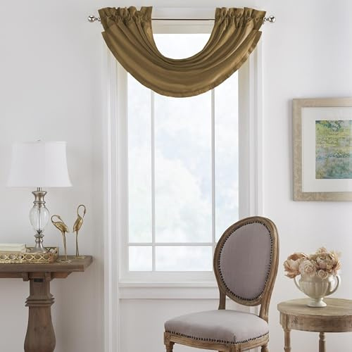Elrene Home Fashions Versailles Room-Darkening Faux-Silk Waterfall Window Valance, Accessory for Bedroom or Living Room Windows with Rod Pocket Tabs, 52 x 36, Gold, 1 Panel