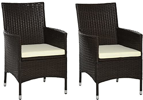 Outsunny 2 Pieces Outdoor PE Rattan Dining Chairs Set with Cushion, Garden Armchair with Armrests, High Backrest, Metal Frame Patio Wicker Furniture, Coffee