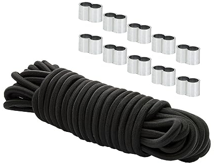 Dreamprint Expanderseil 10mm Schwarz 20m Seil Spannseil Planenseil Gummileine elastisches Gummiseil für Anhängerplane mit 10x Würgeklemmen