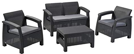 Keter Corfu Lounge Set, Rattan, Graphite/Grey Lounge Set in Rattan Look, Modern Lounge Balcony Furniture