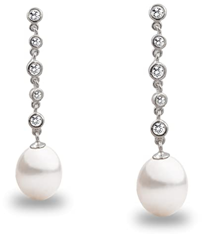 Damen Perlen-Ohrringe Süßwasser Zuchtperlen Mit Zirkonia Weiß Tropfenperle 8-9 mm SECRET & YOU - Perlenohrringe Sterling Silber 925