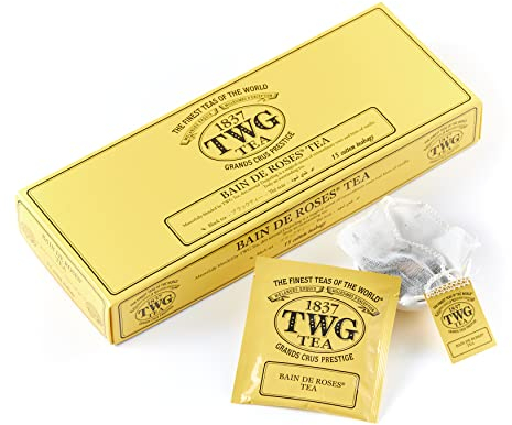 TWG Tea | Bain de Roses Tea | BlackTea | Rosebuds & Rose Petals | 15 Hand Sewn Cotton Teabags | Gift Set