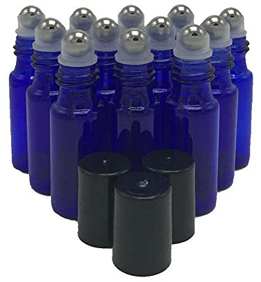 Hugestore Bottiglie di vetro vuote di 5 ml da riempire con oli essenziali, per aromaterapia, con contagocce 3 ml, 12 pezzi Blue