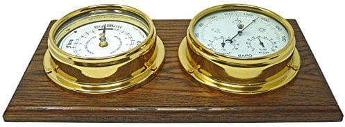 Tabic Brass Tide Clock and Barometer with built in Hygrometer and Thermometer Heavy Lacquered Brass (1/2kg each), Sailing Ship Yacht Boating Marine Coastal Clock, Handmade In England