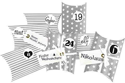 Frau WUNDERVoll® DIY Adventskalender zum Befüllen Christkind, Kissenschachteln 15x11x4,5cm grau Sterne und Streifen, Ziffern schwarz-weiß/Weihnachten, Papiertüten, Kinder, Zahlen, Geschenk, Aufkleber