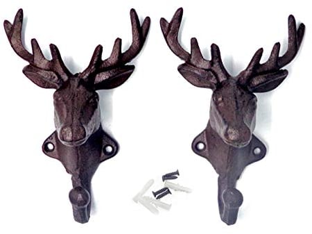 ISOTO 2pcs Deer Head Shaped Wall Hooks Cast Iron Decorative Rustic Single Hanger Animal Heavy Duty for Coats Bags Towels Key and More Home Farmhouse Decor Gift Vintage Design Wall Mounted (Rust)