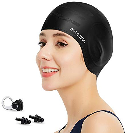 Swimming Cap, Silicone Swim Cap for Women Men, Durable Non-Slip Waterproof Swim Cap Protect Ears, Long Hair for Adults, Older Kids