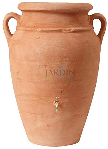 Terrakotta Amphoren-Tank. Fassungsvermögen: 600 Liter. Inklusive Wasserhahn + Integriertem Blumentopf. Abmessungen: Durchmesser 92 cm, Höhe 1242 cm.