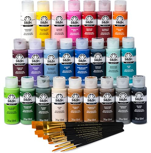 FolkArt, Acrylic Craft Paint Set, Includes 10 Pack of Brushes, 99445, Assorted Colors, 59 ml Bottles