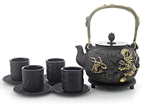 UMITEASETS - Cast Iron TTA Sets - Japanese Cast Iron Golden Dragon Tea Set - Japanese Tetsubin Tea Set