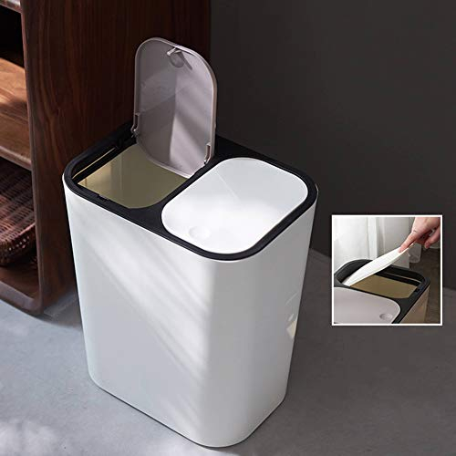 Warmiehomy Dry and Wet Separation Trash Can Large Rubbish Bin with 2 Lids Push Type Waste Bin for Kitchen Office Living Room Double Compartment (White)