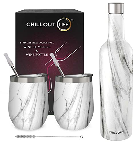 CHILLOUT LIFE Stainless Steel Wine Tumblers 2 Pack 12 oz & 1 Insulated Wine Bottle - Double Wall Vacuum Insulated Wine Cups with Lids and Straws Set - Carrara Marble
