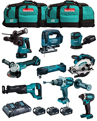 Kit MAKITA MK902 (DHP481 + DHR243 + DGA504 + DTD152 + DJV182 + DSS610 + DJR186 + DBO180 + DTM51 + 3 Batterien 5,0 Ah + Ladegerät + 2 x LXT600)