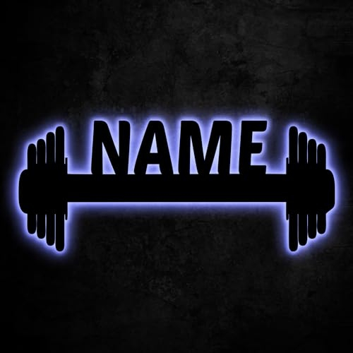 LEON FOLIEN Hantel LED, Langhantel personalisiert mit Wunsch Namen Lasergravur Schlummerlicht Nachtlicht für Schlafzimmer Wohnzimmer Geschenk - Sport