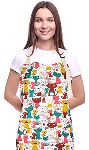 CRJHNS Süße Schürze mit 2 Taschen für Frauen, verstellbares Nackenband und lange Taillenbänder, Baumwolle, Kochen, Verwendung als Küchen- und Chefschürze, Künstler oder Gartenschürze (Katze)