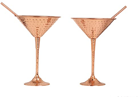 BOLD & DIVINE Copper Martini Glasses | Set of 2 | 9.5 Oz Each | Hand Hammered Solid Copper Goblets With Exquisite Reinforcement Ring & Pure Copper Straws
