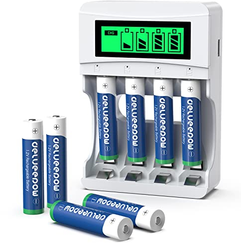 Pile Ricaricabili AAA con Caricatore, Delyeepow 8 Pezzi 1100 mAh 1.2V Ni-MH Batterie Ricaricabili AAA, con Caricatore Intelligente LCD Caricabatterie 4 slot Indipendente Ricarica Rapida USB