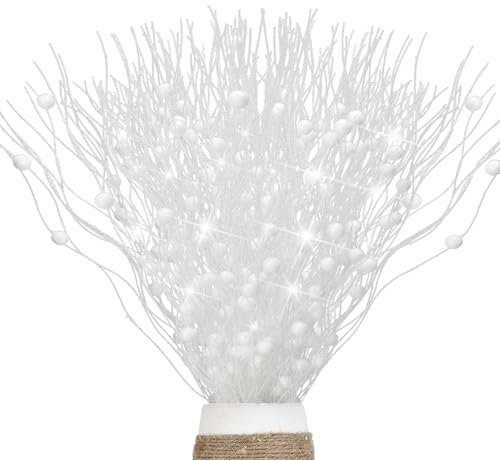 KKSTY 12Pcs White Glitter Berry Stems, 17Inch Christmas Artificial Picks Sprays Xmas Tree Filler Branches Decorative Twigs for Christmas Decoration Vase Filler Holiday Floral Arrangement