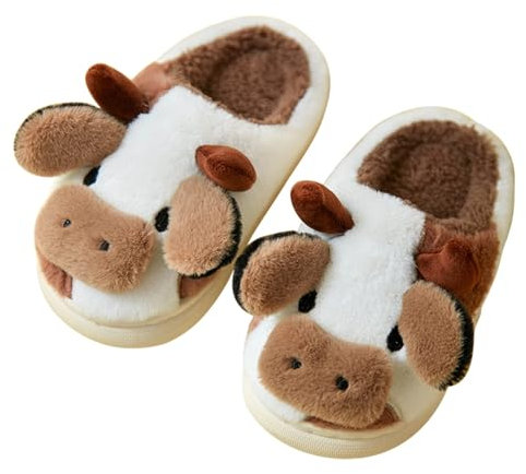 Adisputent Kuh Hausschuhe Flaumig Damen Herren Cow Slippers Plüsch Pantoffeln Tiere Niedliche Cartoon Hauspantoffeln Winter Kuschelige Warme Schuhe Indoor Mädchen Frauen Braun Kuh Offen EU 41-42