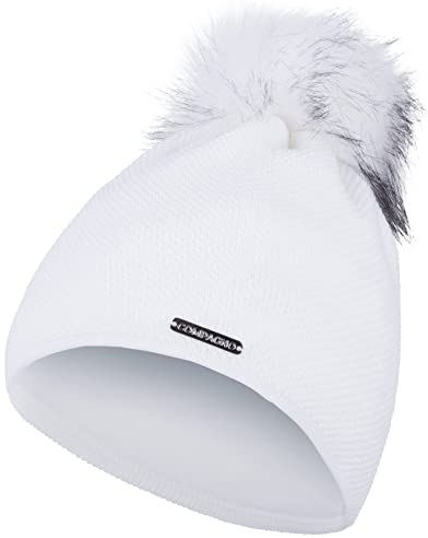 Compagno Mütze Damen Winter Bommelmütze Wintermütze Strickmütze Metallic-Garn Fleece Futter Beanie Mädchen 95, Farbe:Weiß