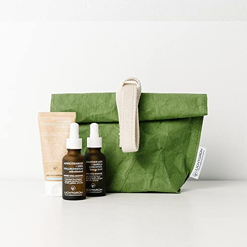 Geschenkset Frauen LICHTGRÜN® Hydro Booster | Pflegeset mit Hyaluron Serum, Feuchtigkeitscreme, Bio Gesichtspflege Öl & Gratis Kulturtasche | Vegane Phyto-Wirkstoffkosmetik