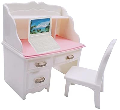 Oshhni 1/6 Puppenhaus Schreibtischstuhl Set Miniatur Puppenhaus Dekoration Zubehör Simulation Notebook Pretend Play Spielzeug für Arbeitszimmer Dekoration, mit weißem Laptop