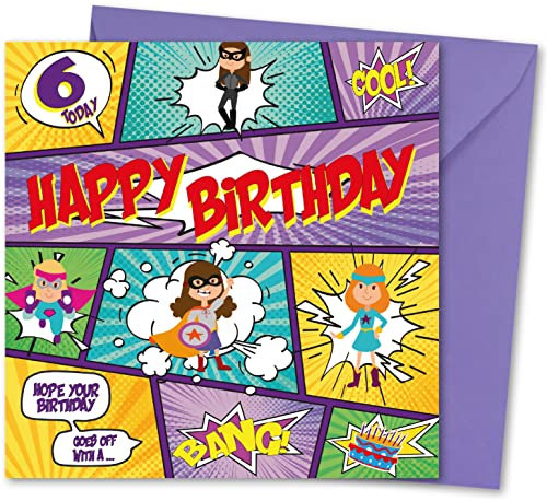 Absolutely Yours Geburtstagskarte für Mädchen im Alter von 6 Jahren, mit passendem Umschlag, Kartengröße: 148 x 148 mm, umweltfreundlich, Innentext, bedruckt und verpackt in Großbritannien, Comic