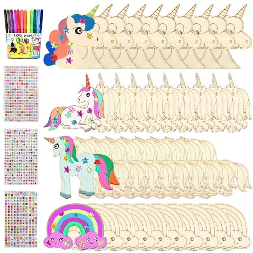 Seasboes Einhorn Bastelset - 55 Stück Holzbastelsets für Kinder zum Bemalen, Kindergeburtstag Handwerk, DIY Malen Dekoration