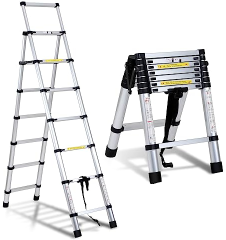 Izrielar Teleskopleiter 2,0m+2,3m, Aluleiter Klappbar Mehrzweckleiter, Ausziehbar mit Sicherheitsverriegelung und Handlauf, Rutschfester Stehleiter, für Dachbodenleitern bis 150KG, Silber