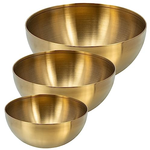 3 Pcs Golden Stainless Steel Salad Bowls Set for Noodles Fruits and Vegetables - Versatile Kitchen Food Storage and Serving Bowls (12Cm 15Cm 20Cm)