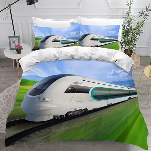 RCKLCY 100% Mikrofaser Bettwäsche-Sets 135x200 3 teilig 3D Motiv Lokomotive Kinder Bettwäsche mit Reißverschluss Express Zug Bettbezug mit Kissenbezug 80x80 cm für Kinder Jungen Mädchen