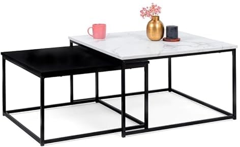 IDMarket – Juego de 2 mesas bajas nido Alaska cuadradas 60/70 efecto mármol y negro patas metálicas