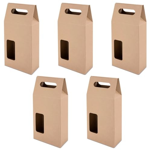 ACAN Tradineur - Confezione da 5 scatole di cartone con finestre, adatte per 2 bottiglie di vino, con manico, conservazione, regalo, confezionamento di champagne, Natale, 41 x 18 x 9 cm