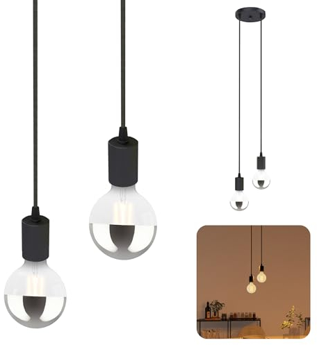 SSC-LUXon PARU Pendelleuchte Vintage 2-flammig schwarz - Design Hängelampe mit Textilkabeln inkl. 2x E27 Kopfspiegel LED Lampen